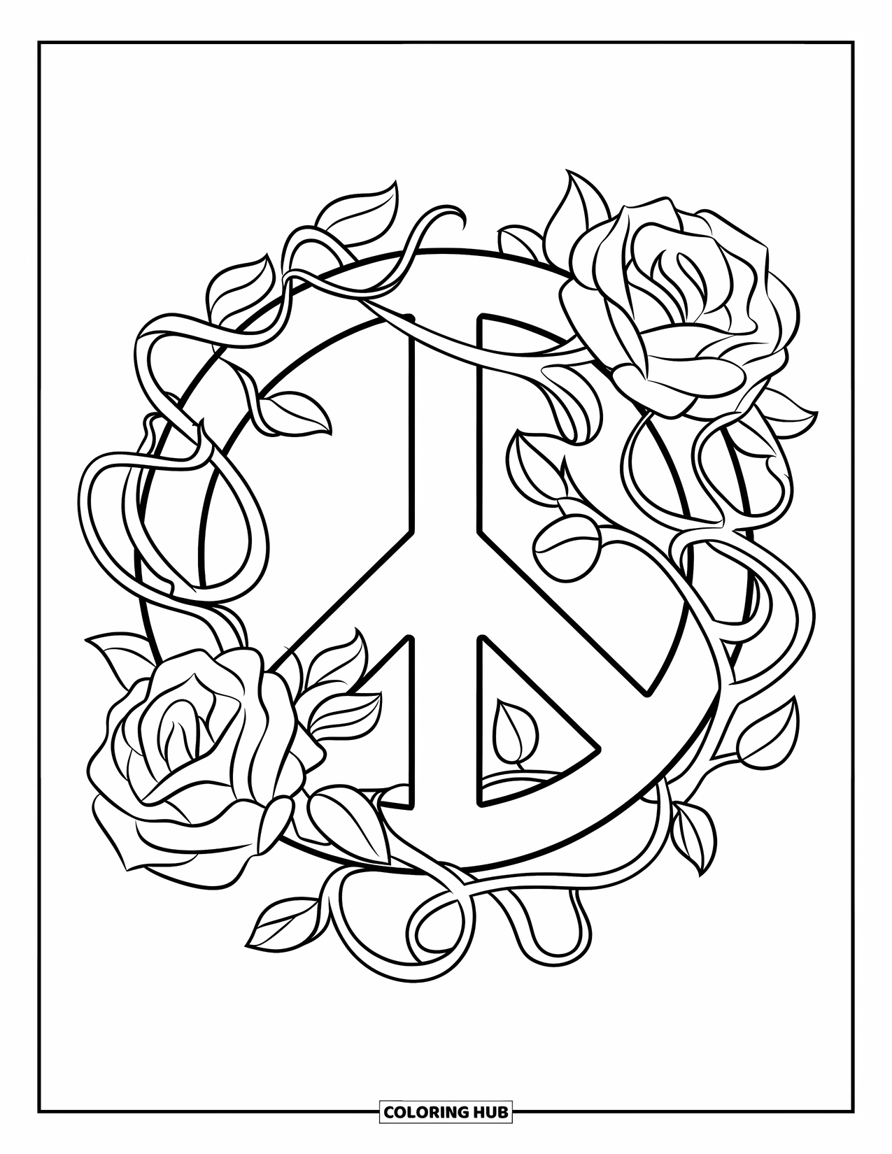 Peace Sign Coloring Page for Kids: A smooth peace sign with vines and detailed roses all around it