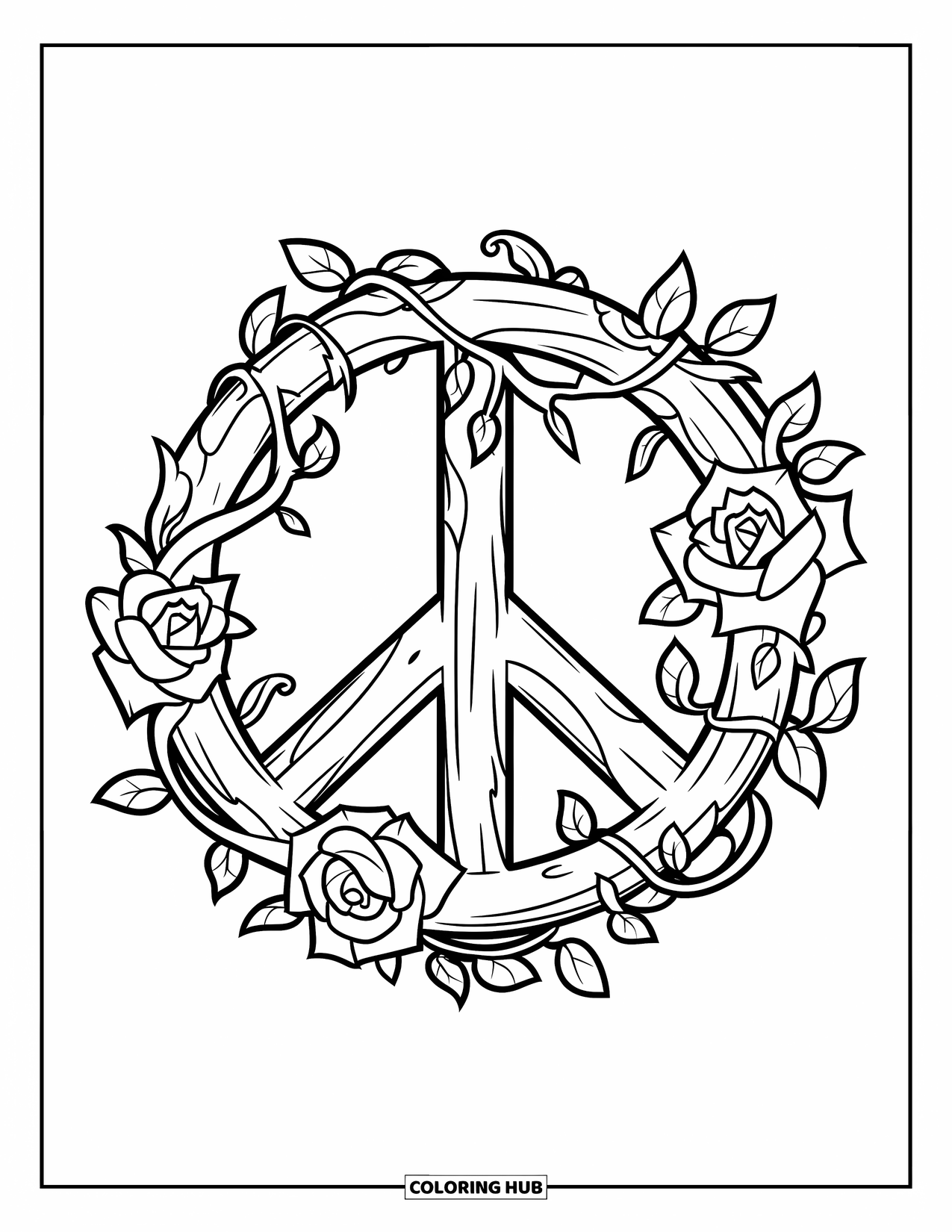 Peace Sign Coloring Page for Kids: A wooden-style peace sign wrapped in vines and dynamic blooming roses