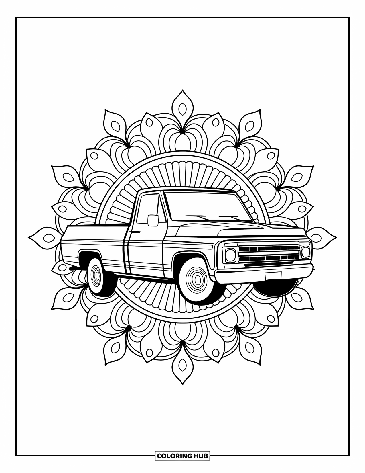 Pickup Truck Coloring Page for Adults: A classic pickup is centered with floral mandalas surrounding it