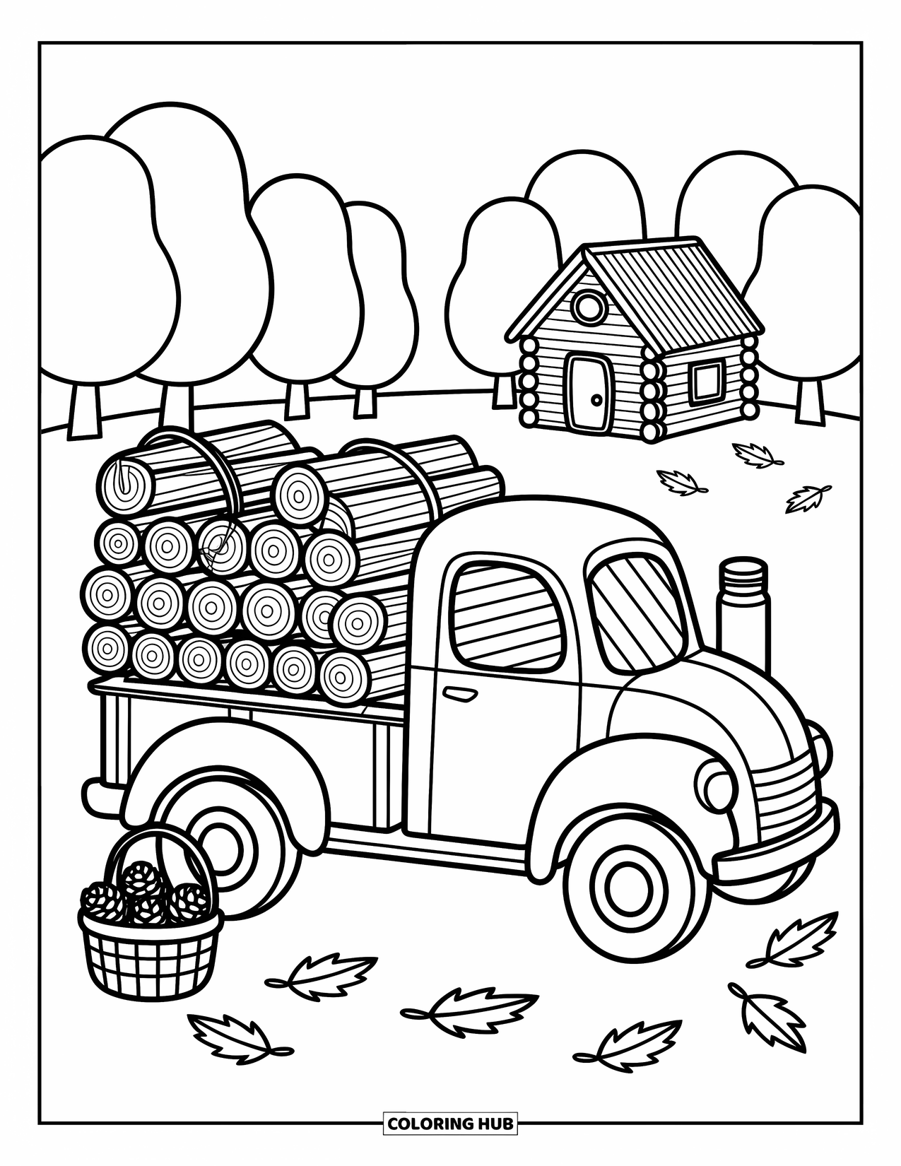 Pickup Truck Coloring Page for Adults: A cute little truck carries firewood, pinecones, and sits near a cozy forest cabin