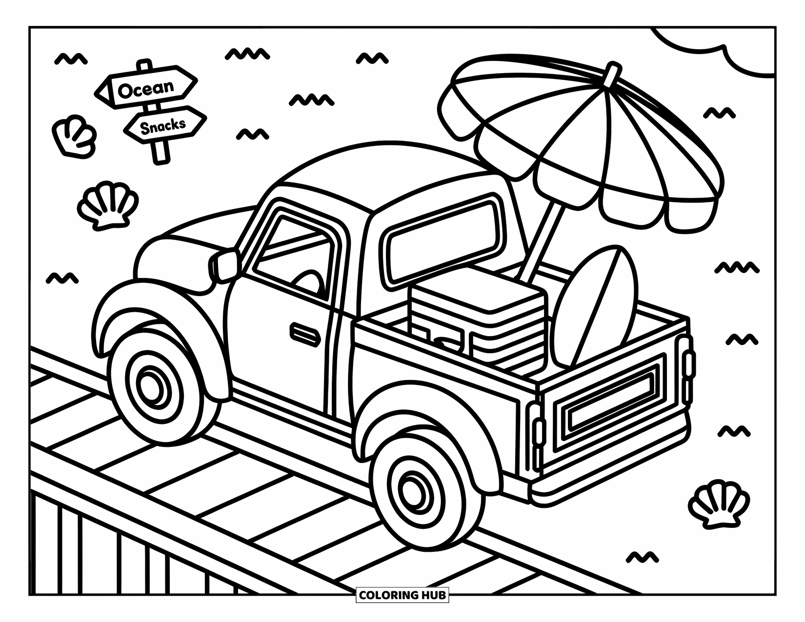 Pickup Truck Coloring Page for Adults: A cute little truck on a boardwalk carries beach gear and points to the ocean
