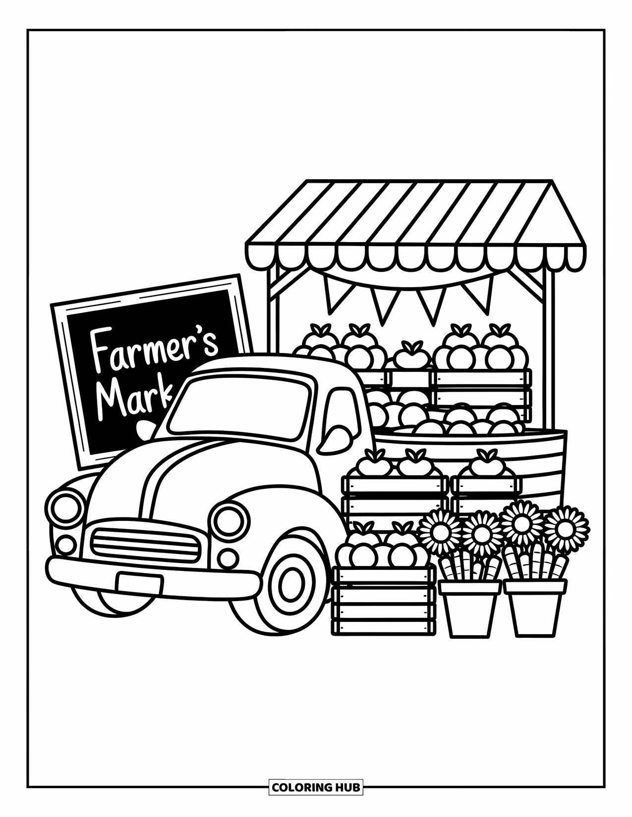 Pickup Truck Coloring Page for Adults: A cute market truck carries crates of produce with a handwritten sign and flags