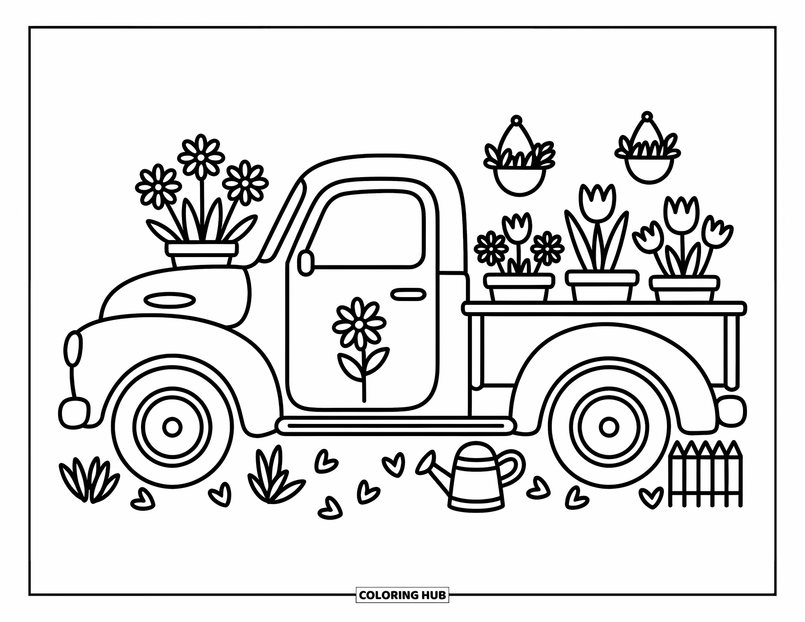 Pickup Truck Coloring Page for Adults: A cute pickup truck carries flower pots and rests beside a garden fence and petals