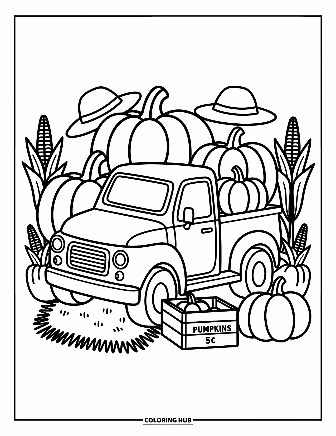 Pickup Truck Coloring Page for Adults: A fall-themed truck holds pumpkins and sits among scarecrow hats and a hay bale