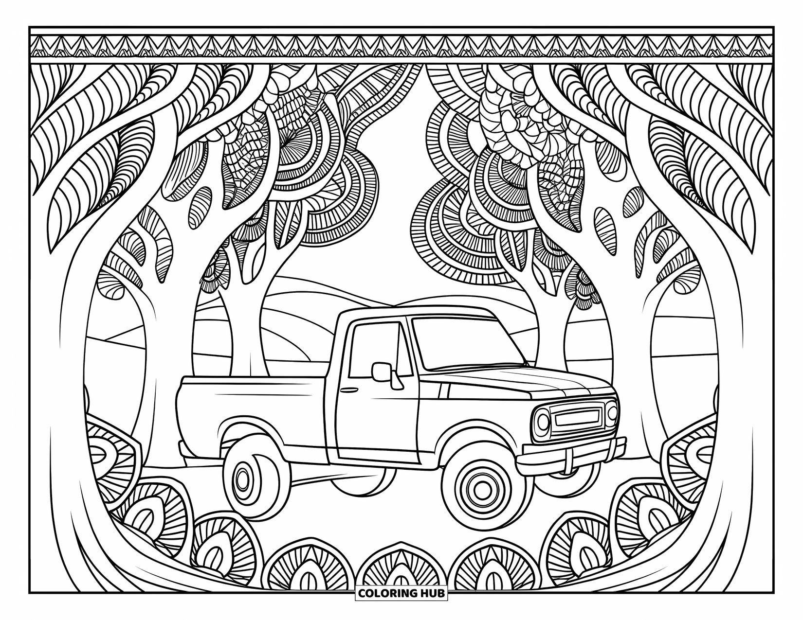 Pickup Truck Coloring Page for Adults: A pickup drives through intricate tree patterns under a clear sky and rolling hills