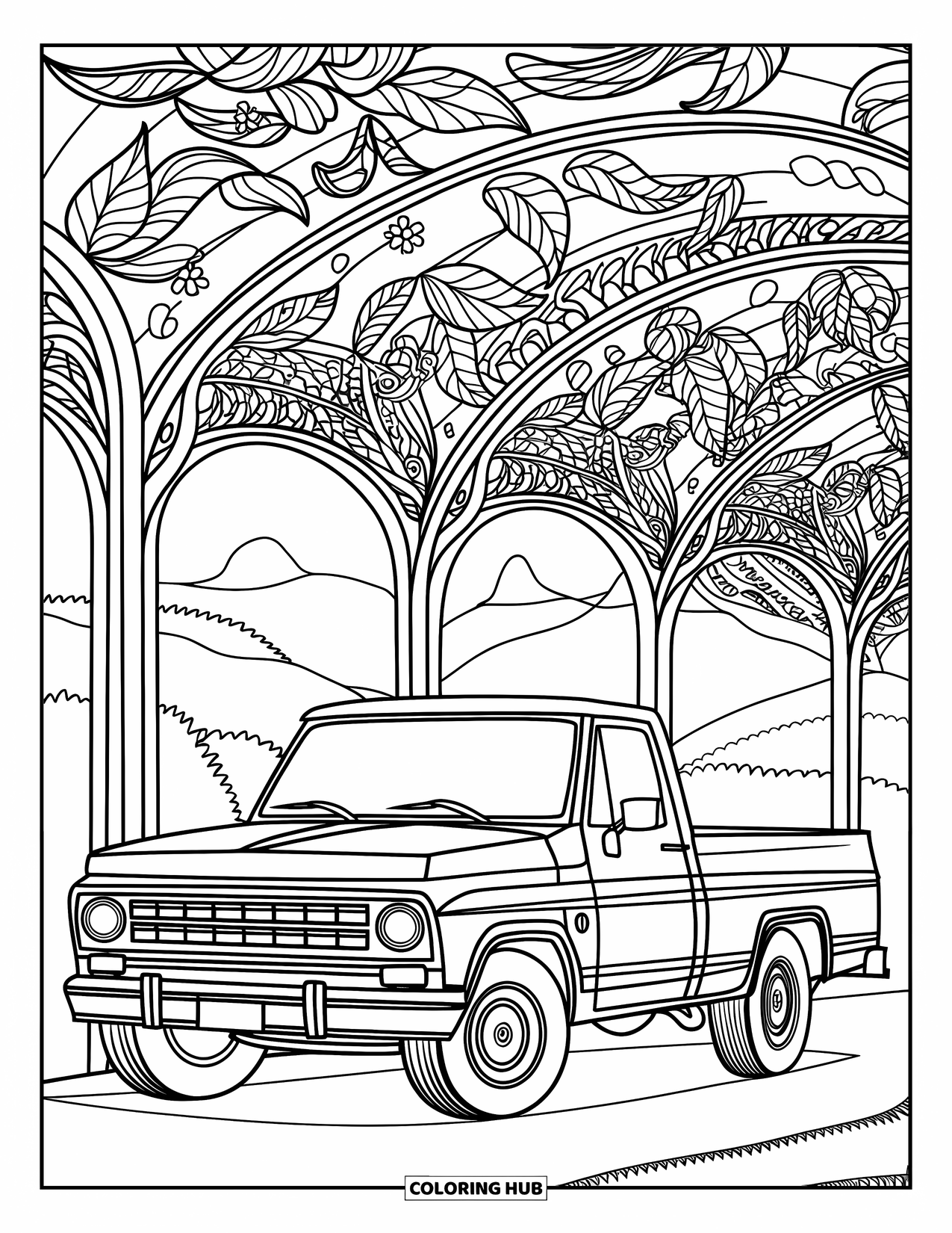 Pickup Truck Coloring Page for Adults: A pickup sits beneath swirling glass leaves and blossoms in a peaceful landscape