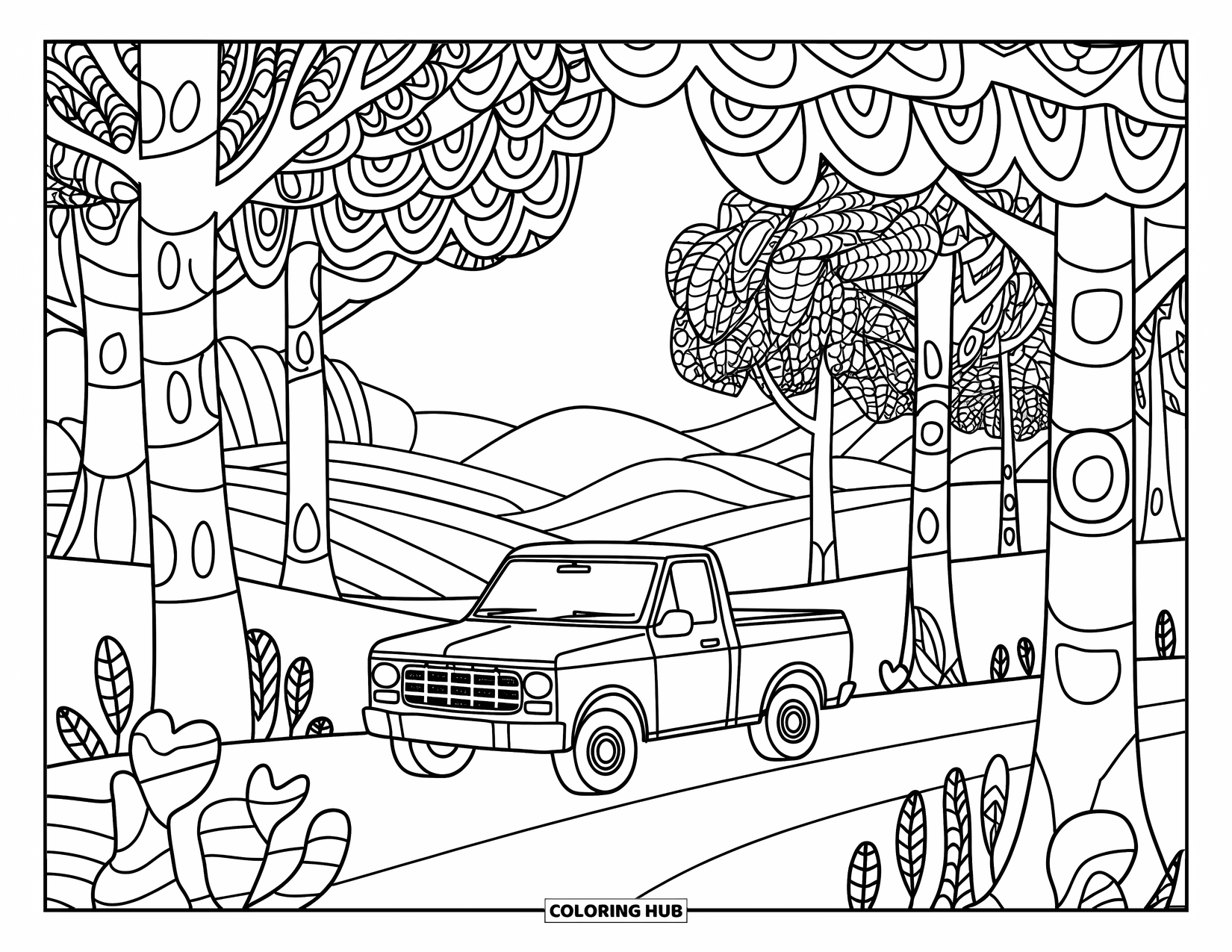 Pickup Truck Coloring Page for Adults: A pickup truck drives through a forest of patterned trees and rolling hills
