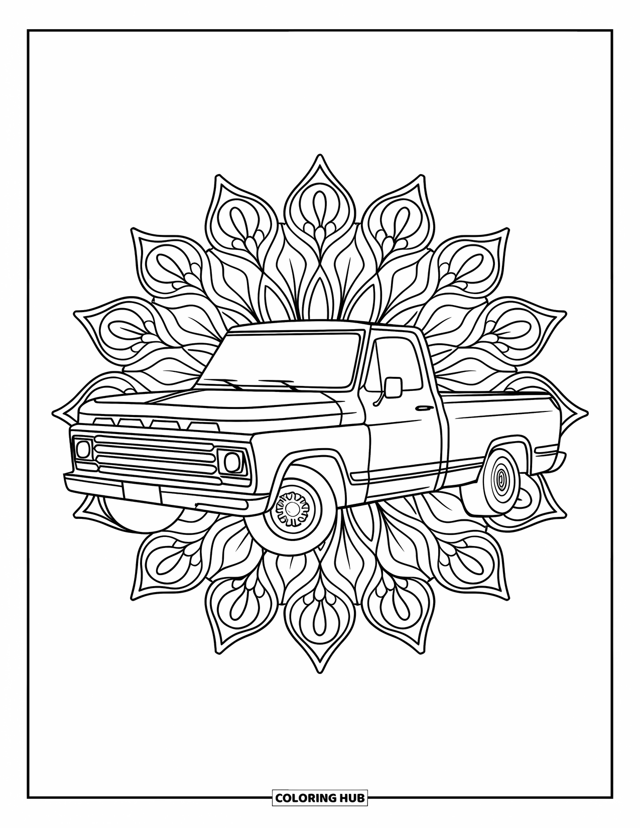 Pickup Truck Coloring Page for Adults: A side-view truck is surrounded by intricate floral mandala patterns