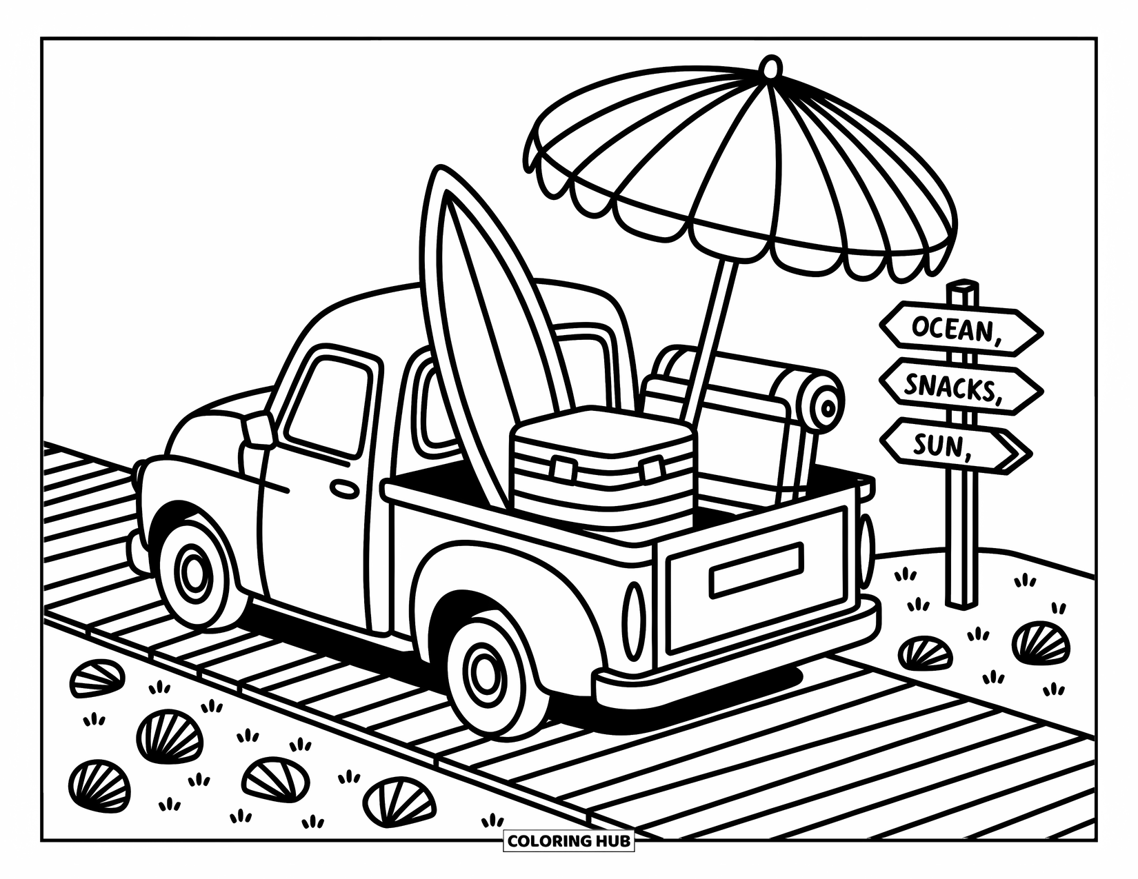 Pickup Truck Coloring Page for Adults: A tiny beach truck is packed with a surfboard, umbrella, cooler, and towel