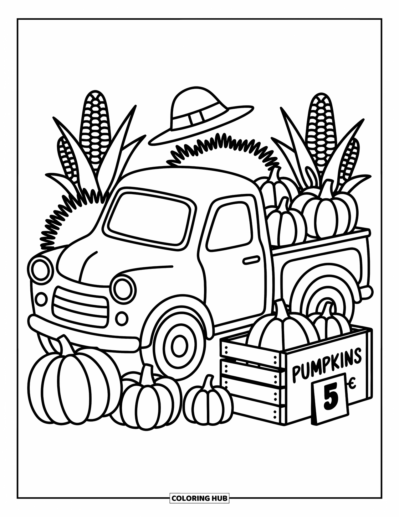 Pickup Truck Coloring Page for Adults: A truck in a pumpkin patch is surrounded by a crate, corn stalks, and hay