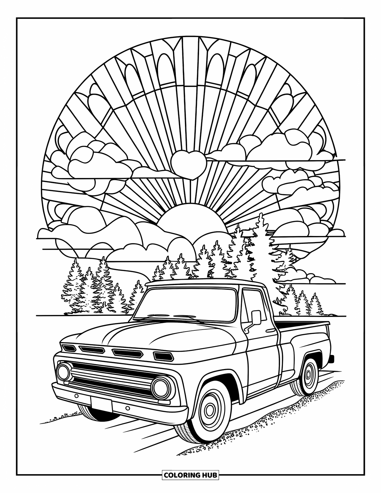 Pickup Truck Coloring Page for Adults: A truck is framed by patterned sun rays, clouds, and a forest road