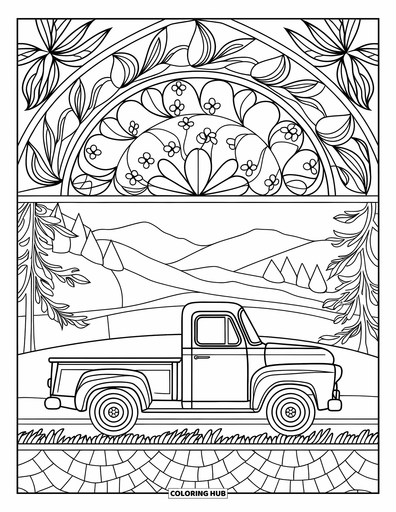 Pickup Truck Coloring Page for Adults: A truck is parked beneath a stained glass canopy of swirling leaves and flowers