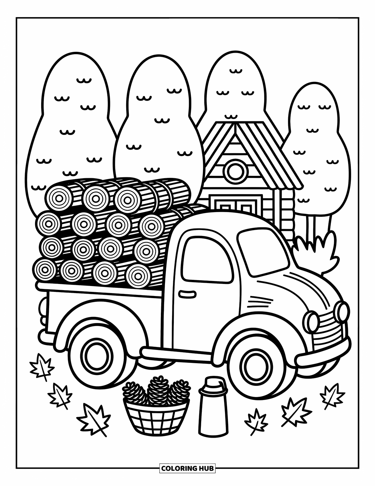 Pickup Truck Coloring Page for Adults: A truck loaded with firewood rests near a cabin with pinecones and a thermos