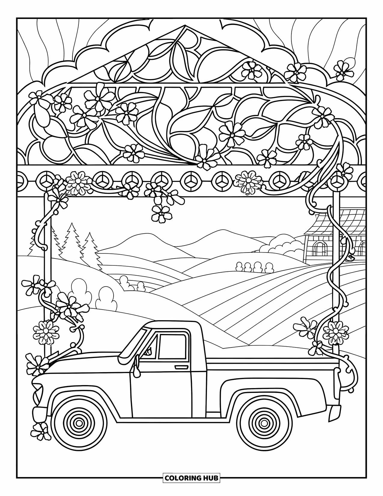 Pickup Truck Coloring Page for Adults: A truck rests under a patterned glass canopy wrapped in flowers and vines