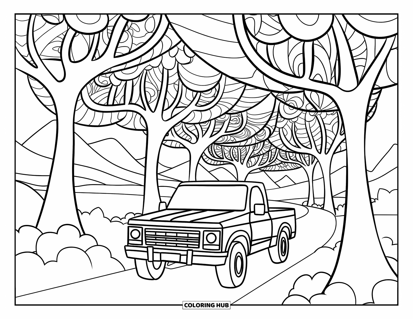 Pickup Truck Coloring Page for Adults: A truck rides a dirt path through a forest of round trees and mandala leaves