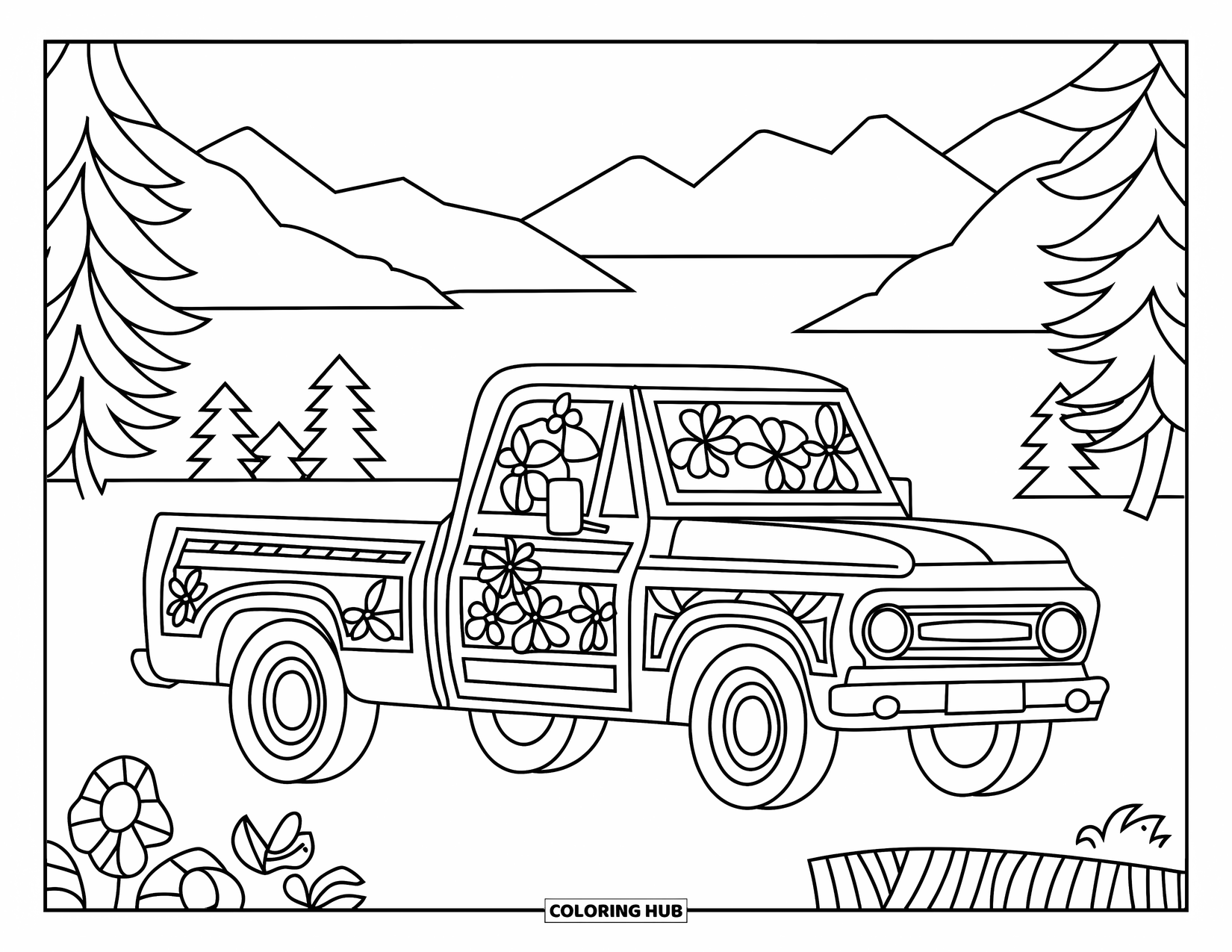 Pickup Truck Coloring Page for Adults: A truck silhouette shines with stained glass and flowers near mountains and a lake