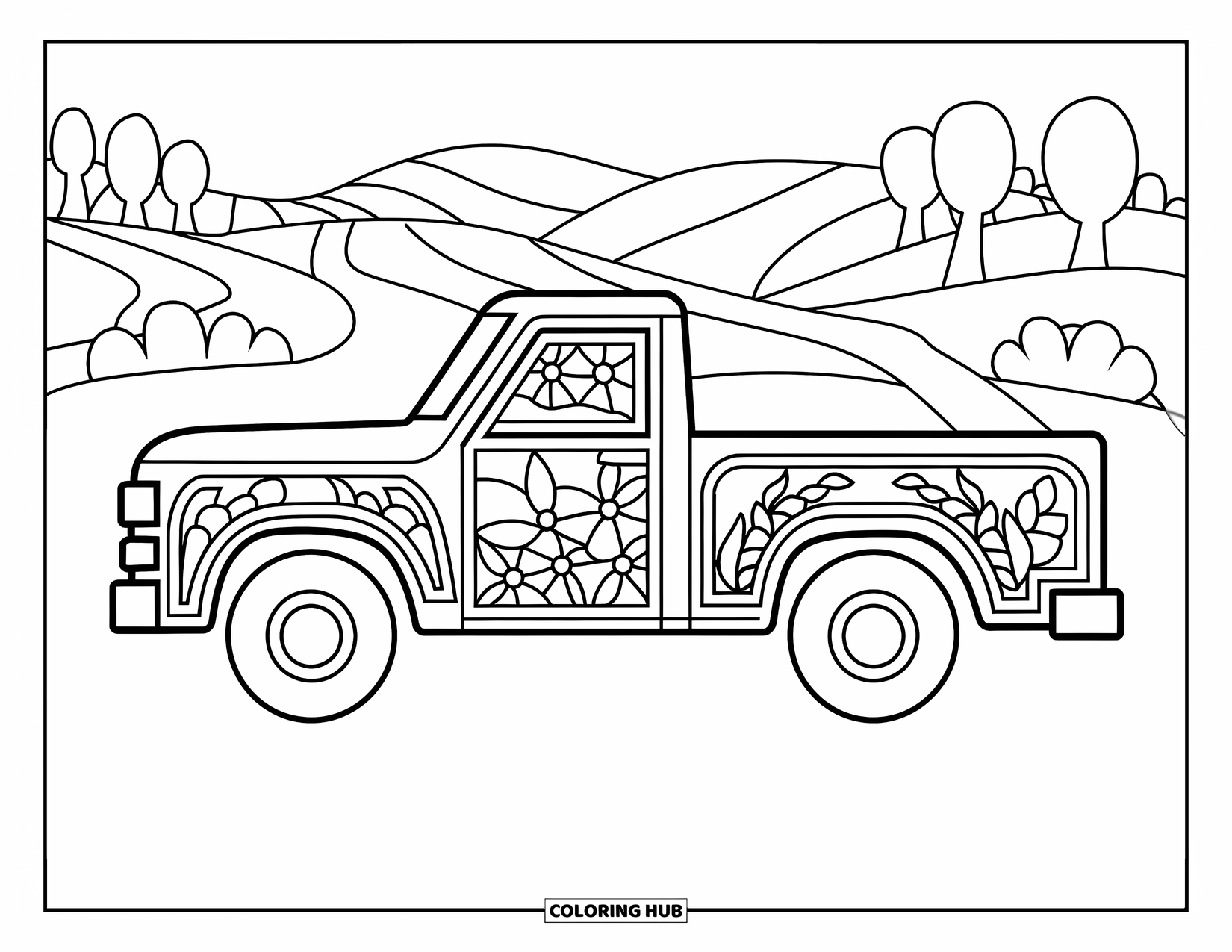 Pickup Truck Coloring Page for Adults: A truck silhouette with floral glass details sits by hills, trees, and a winding road