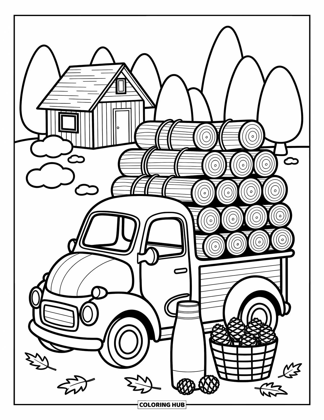 Pickup Truck Coloring Page for Adults: A truck stacked with firewood stands near a cabin, leaves, and a tiny thermos