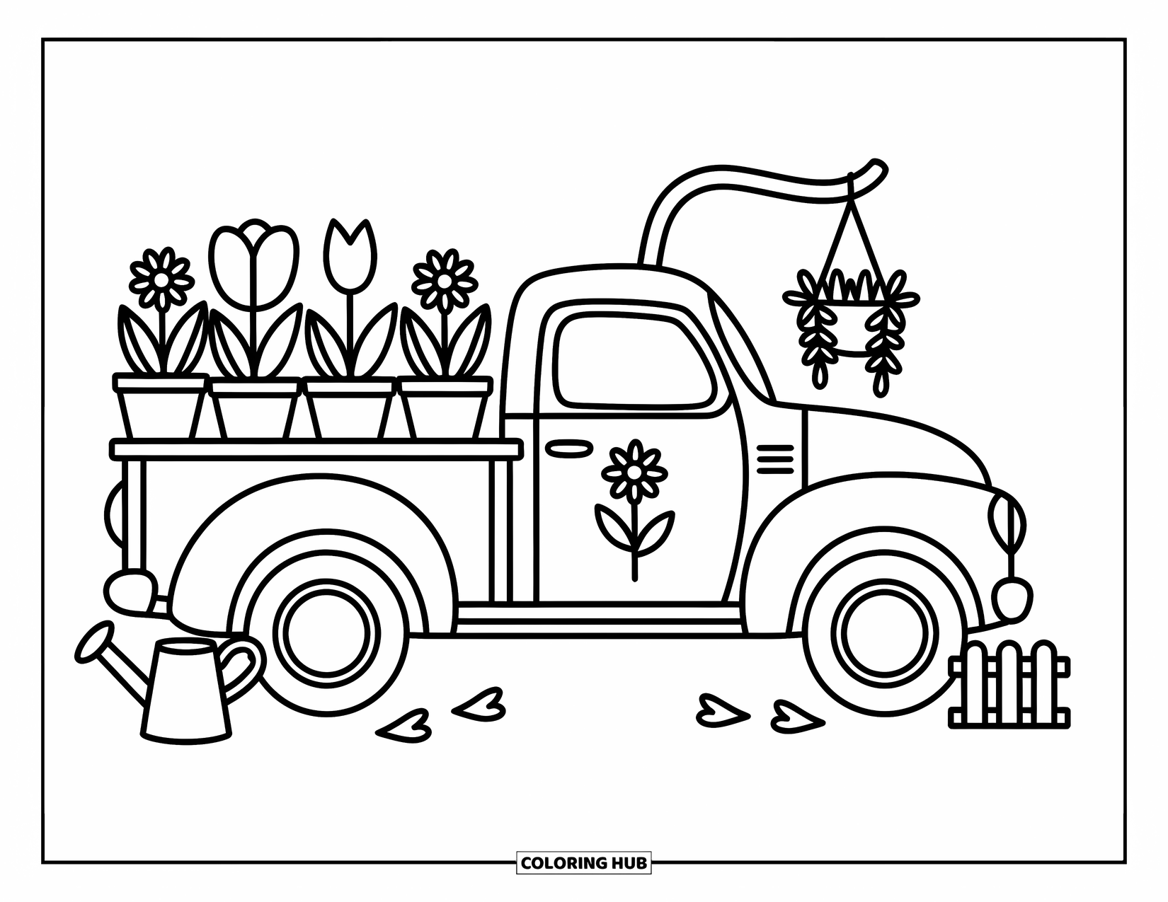 Pickup Truck Coloring Page for Adults: A vintage truck is filled with daisies, tulips, and a playful watering can