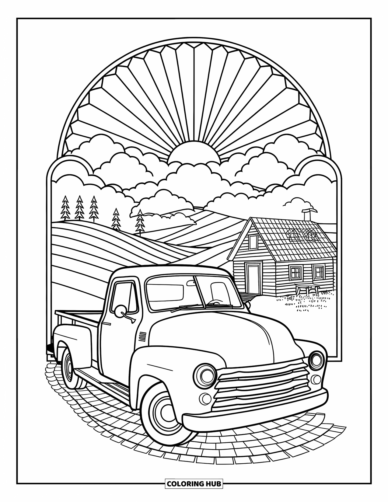 Pickup Truck Coloring Page for Adults: A vintage truck rests under stained glass rays near a cabin and hills