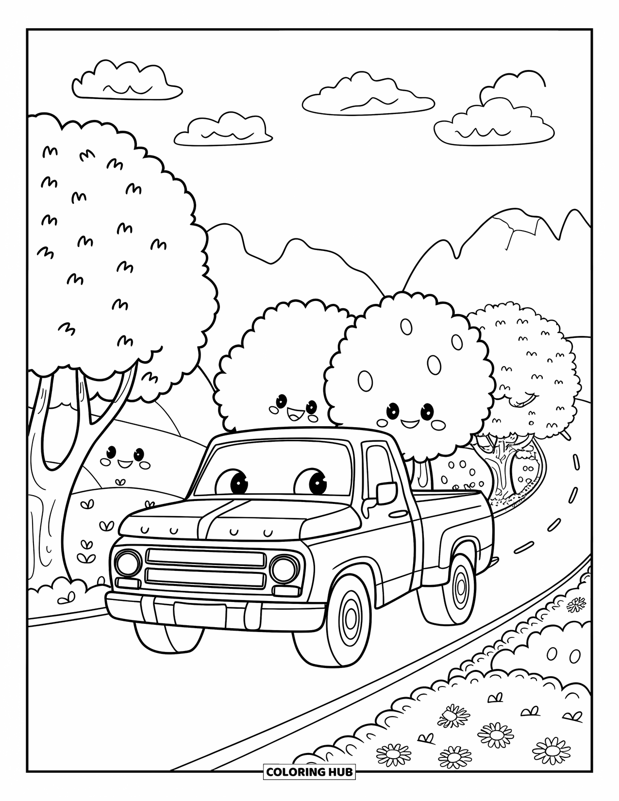 Pickup Truck Coloring Page for Kids: A big smiling truck rolls down a quiet road with cheerful trees nearby