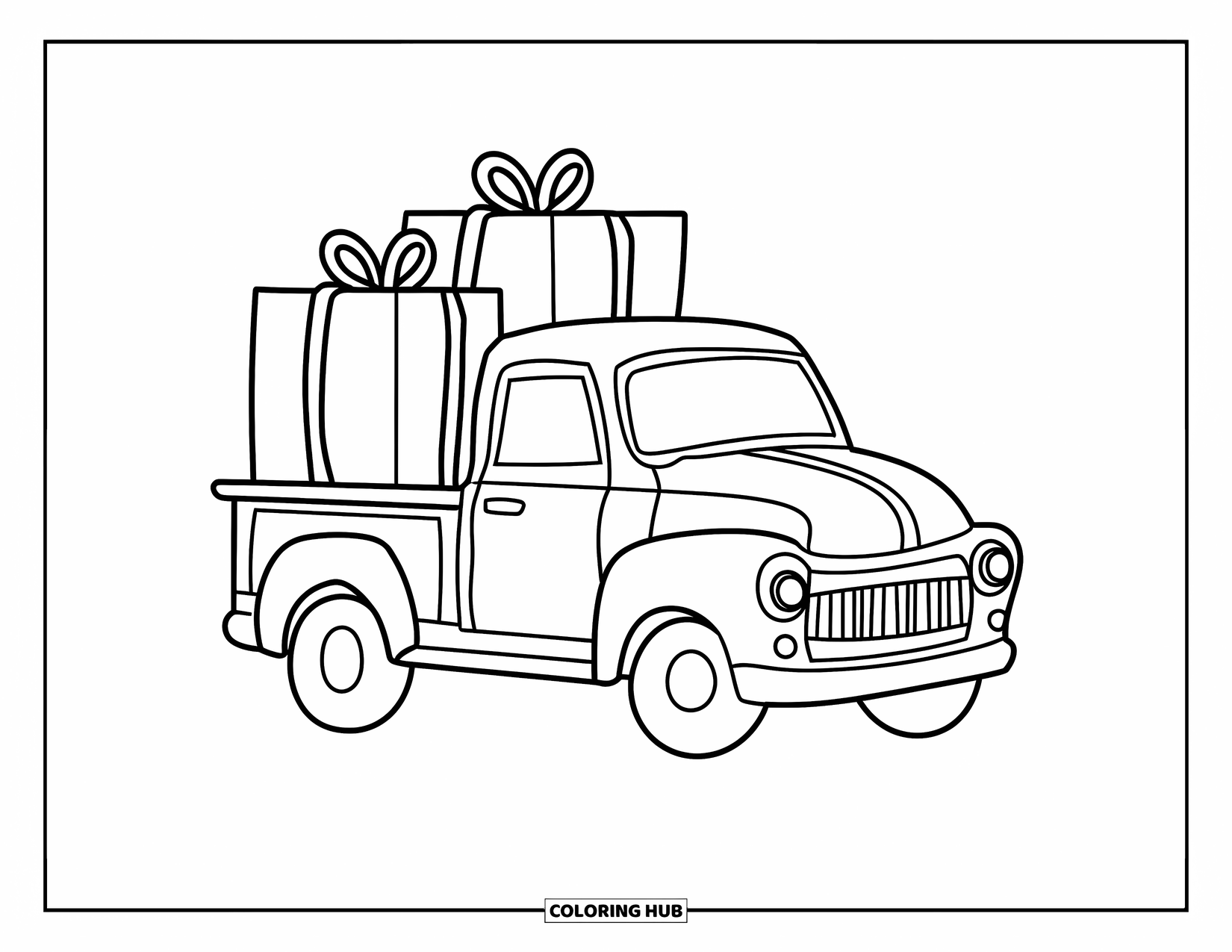 Pickup Truck Coloring Page for Kids: A cheerful truck carries gift-wrapped boxes and smiles along the way