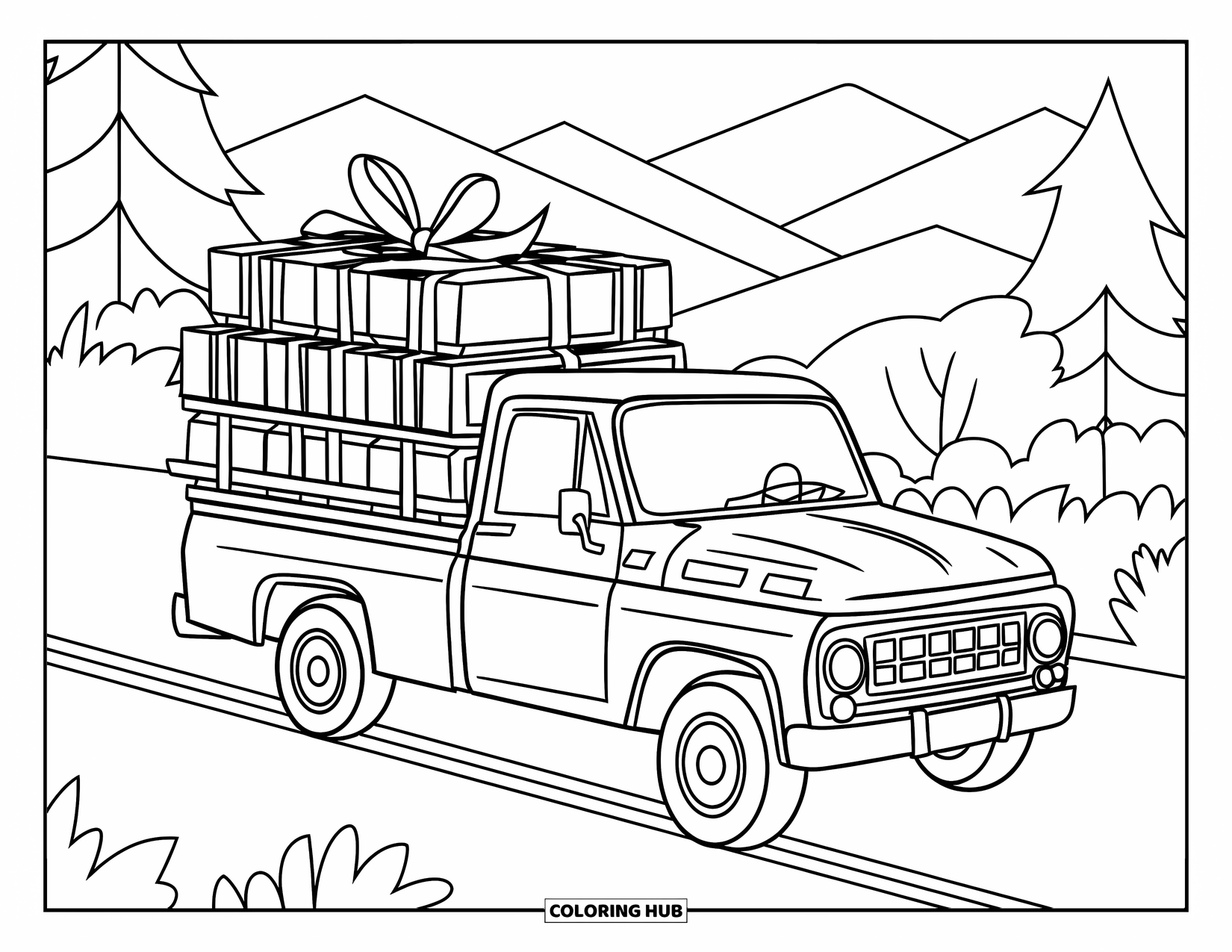 Pickup Truck Coloring Page for Kids: A cheerful truck with ribboned boxes rests near mountains and roadside trees
