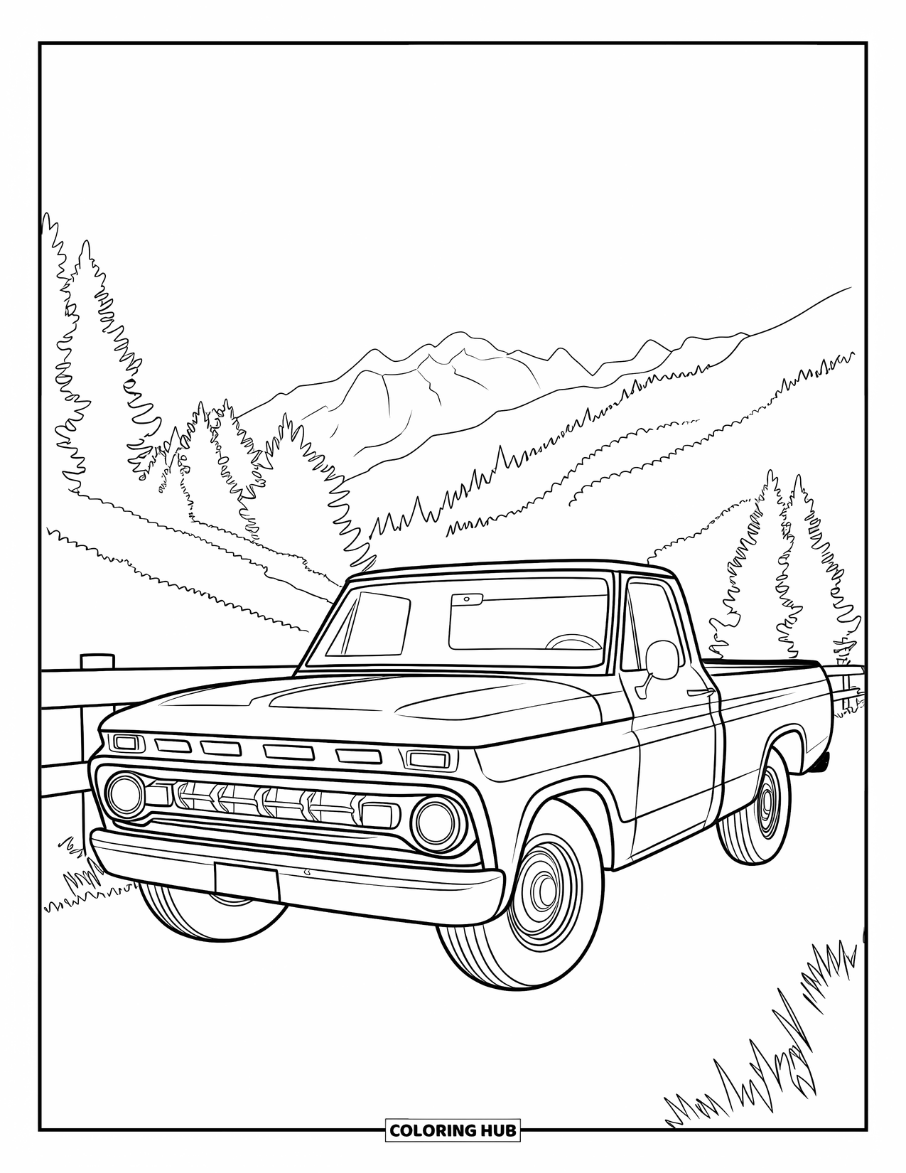 Pickup Truck Coloring Page for Kids: A classic pickup truck is parked on a quiet mountain trail near a wooden barrier