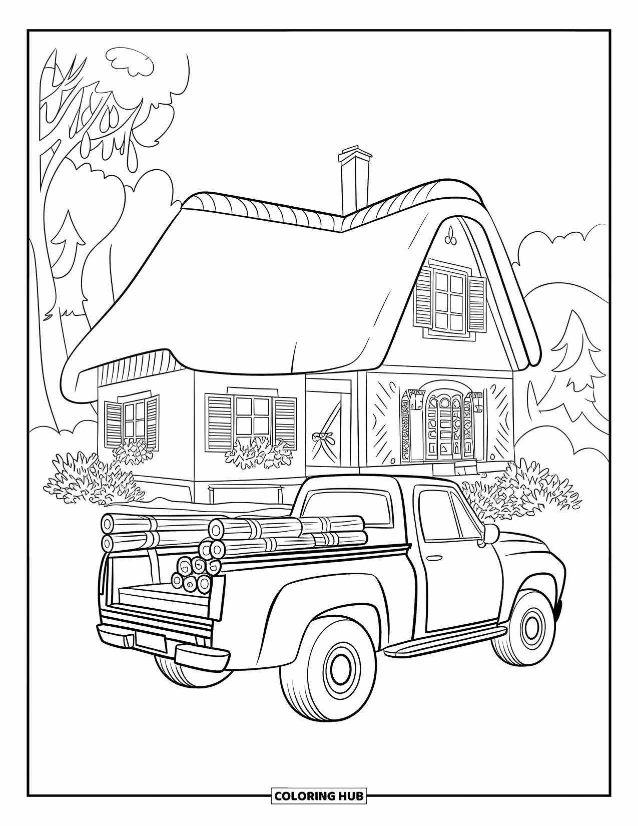 Pickup Truck Coloring Page for Kids: A crate of firewood sits in a truck beside a thatched cottage with trees around