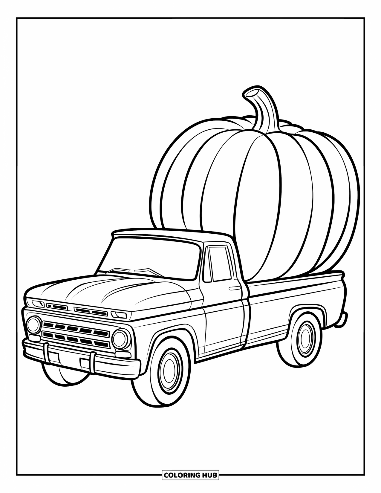 Pickup Truck Coloring Page for Kids: A happy truck carries a giant pumpkin in a cozy autumn scene