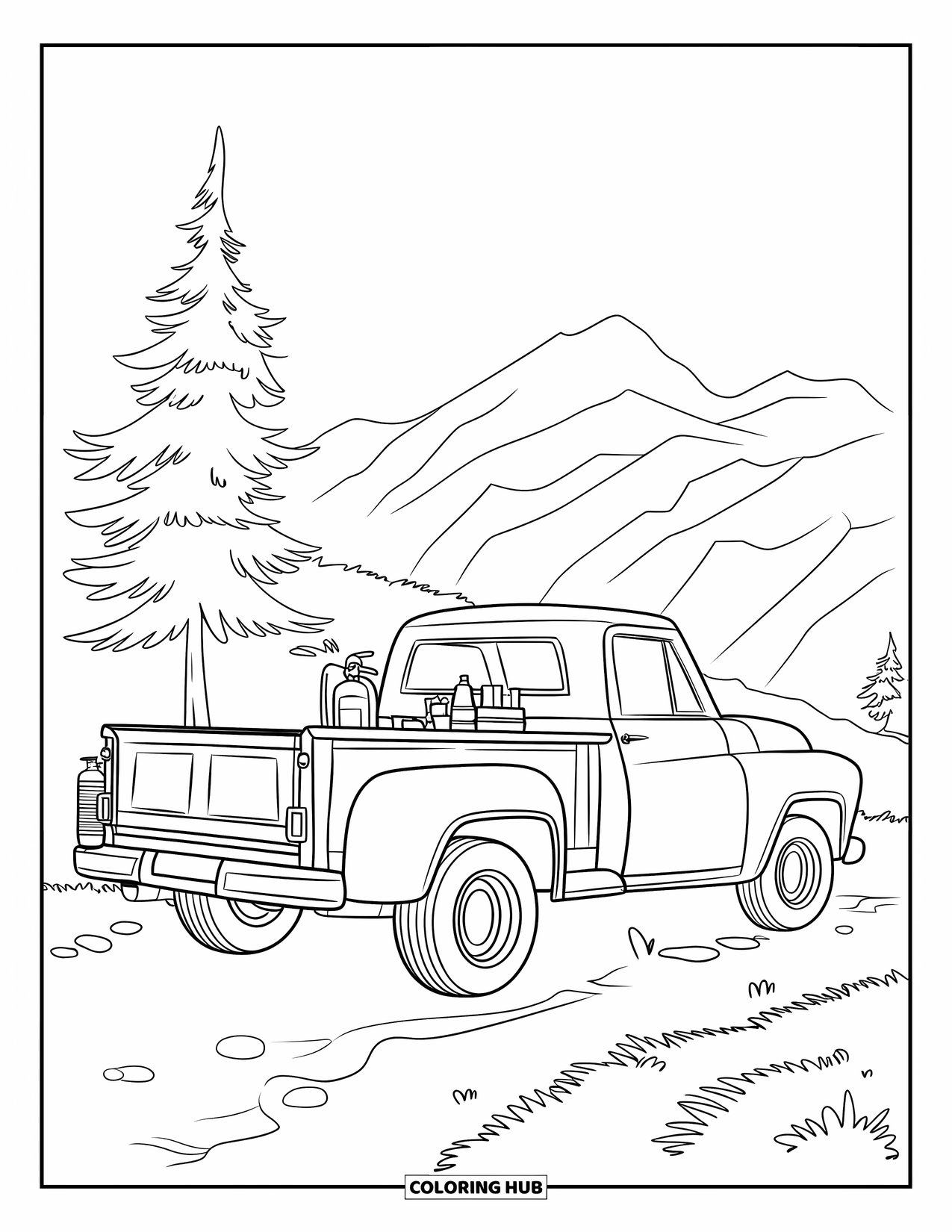 Pickup Truck Coloring Page for Kids: A mountain trail truck carries tools in the back with a view of the range
