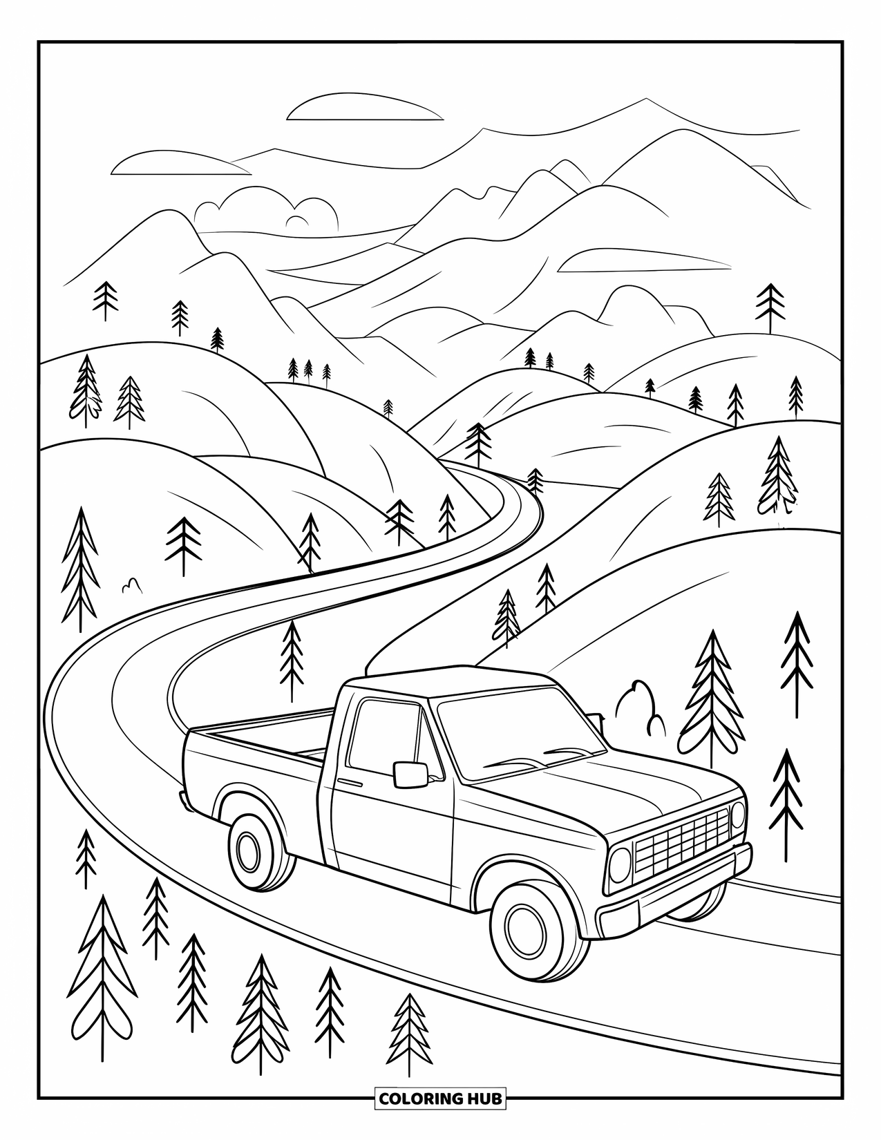 Pickup Truck Coloring Page for Kids: A pickup truck cruises along a winding road through tree-lined hills under a clear sky