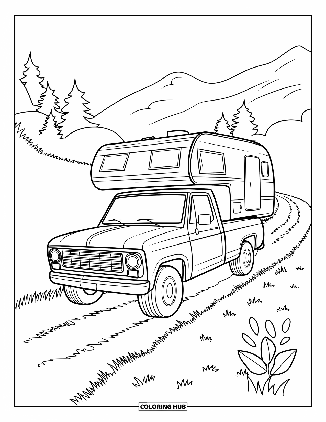 Pickup Truck Coloring Page for Kids: A pickup truck with a camper bumps down a grassy path through mountains and trees