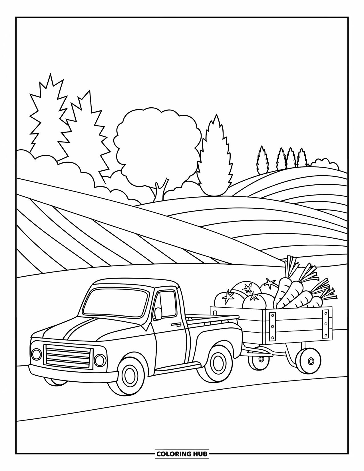 Pickup Truck Coloring Page for Kids: A red-striped truck pulls a wooden wagon filled with fresh vegetables