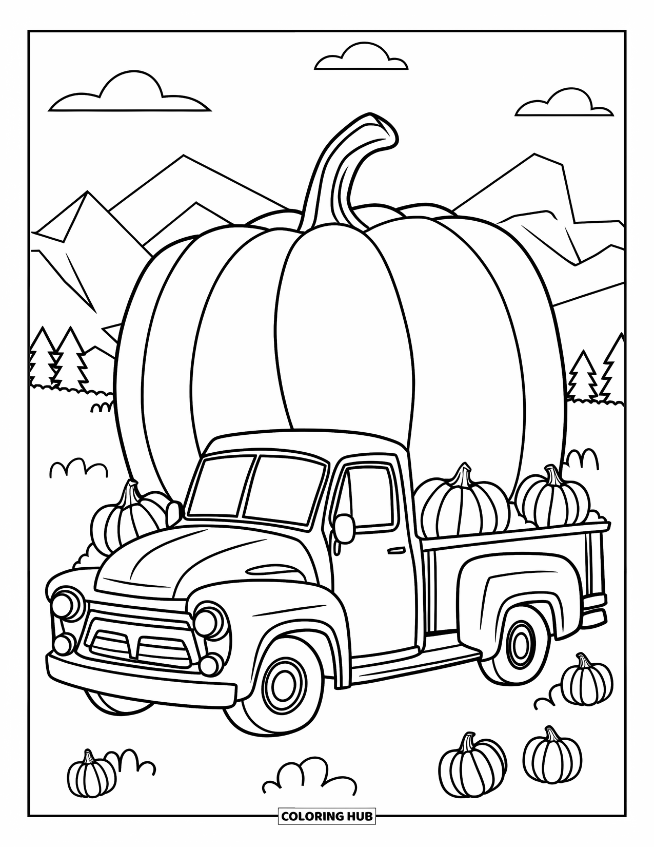 Pickup Truck Coloring Page for Kids: A red truck hauls a huge pumpkin through the mountains and fluffy clouds