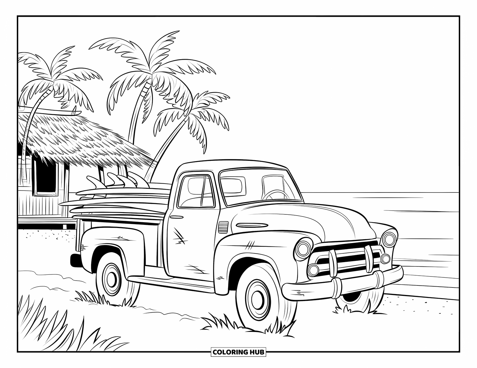 Pickup Truck Coloring Page for Kids: A rustic pickup truck with surfboards passes a thatched beach shack near the ocean