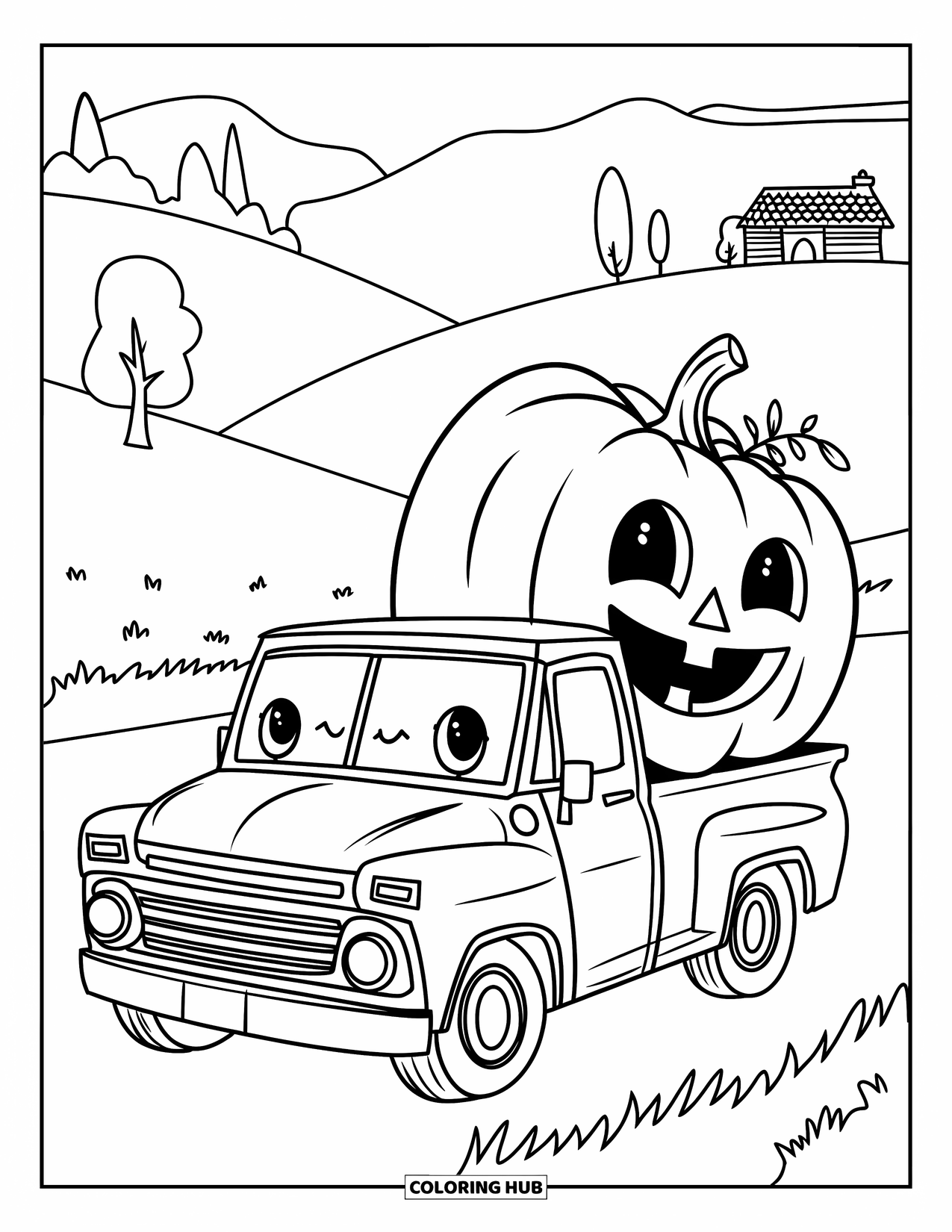 Pickup Truck Coloring Page for Kids: A smiling truck and pumpkin enjoy a fall ride past hills, trees, and a cottage