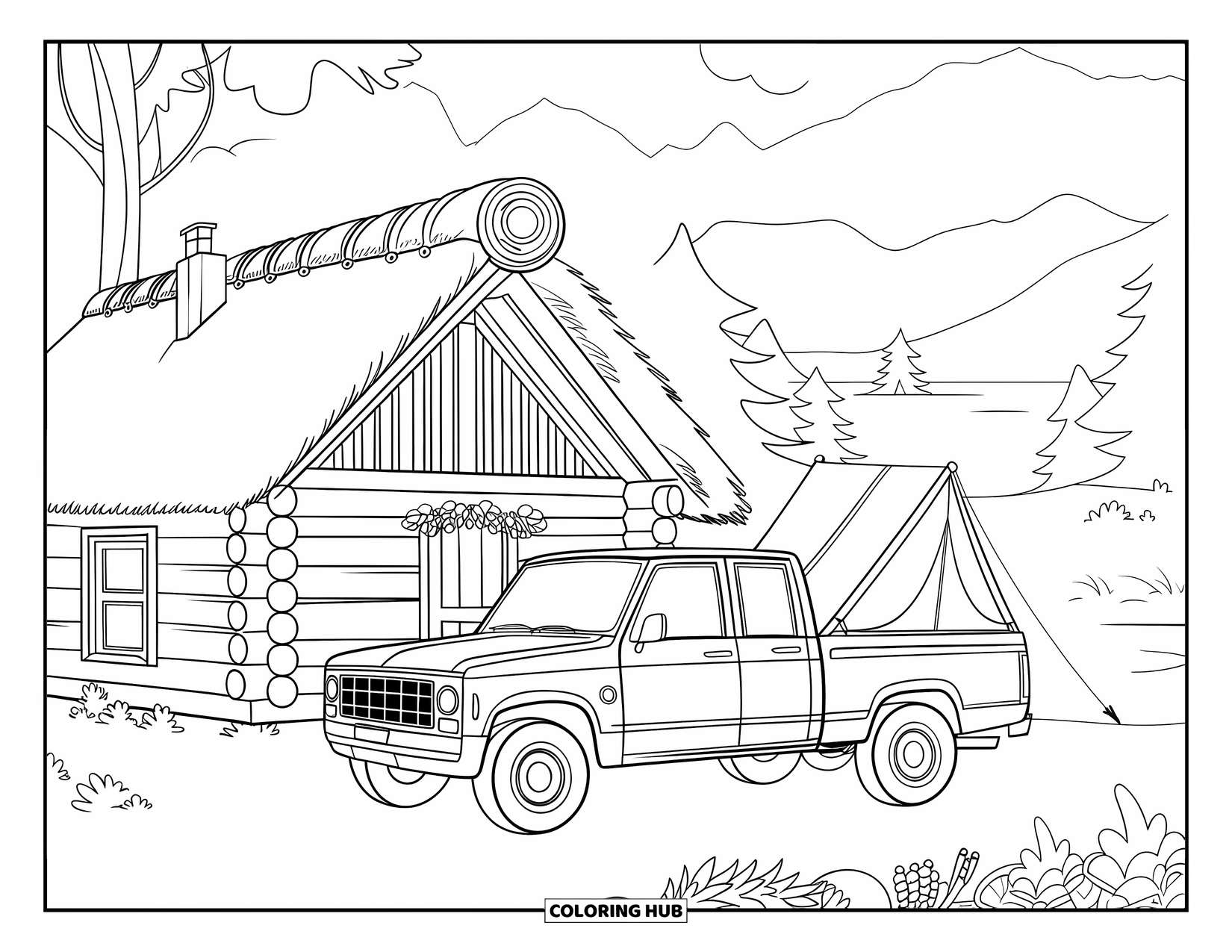 Pickup Truck Coloring Page for Kids: A thatched-roof cabin sits beside a truck with a camping tent in the back