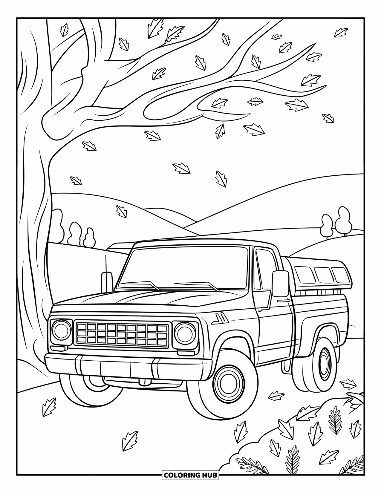 Pickup Truck Coloring Page for Kids: A trailer truck sits beneath a tree with falling leaves and hills in the distance
