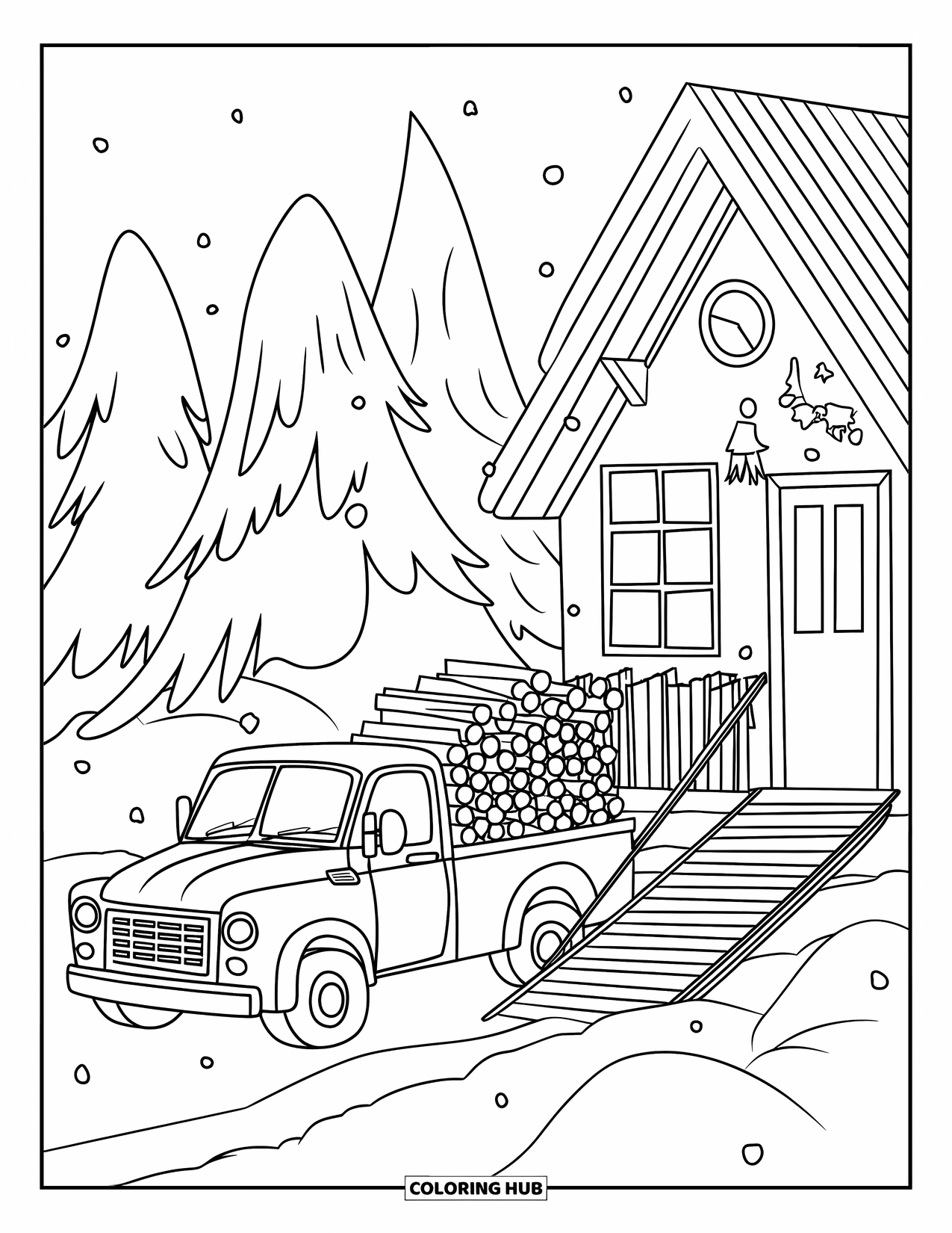 Pickup Truck Coloring Page for Kids: A truck delivers firewood to a snowy cottage with a scarfed person at the door