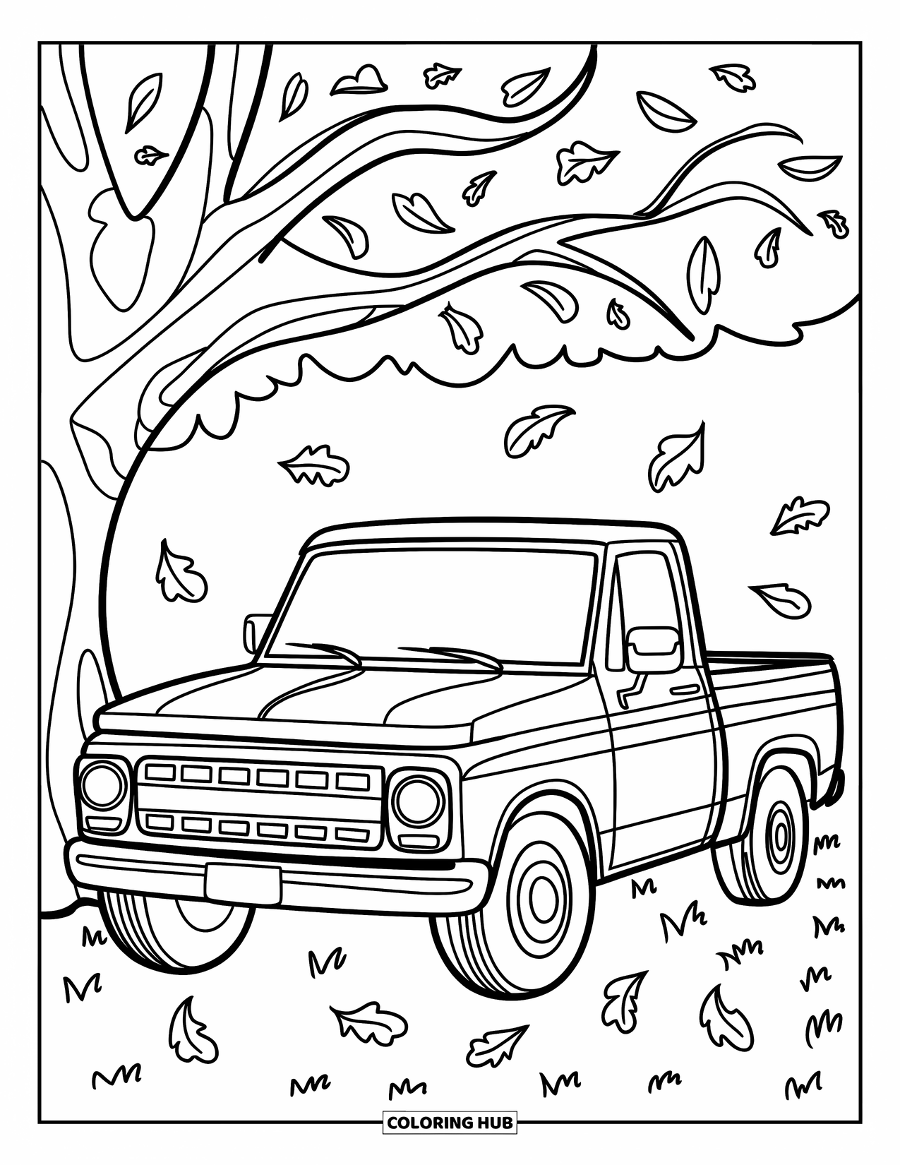 Pickup Truck Coloring Page for Kids: A truck rests under a tree with leaves falling gently around it