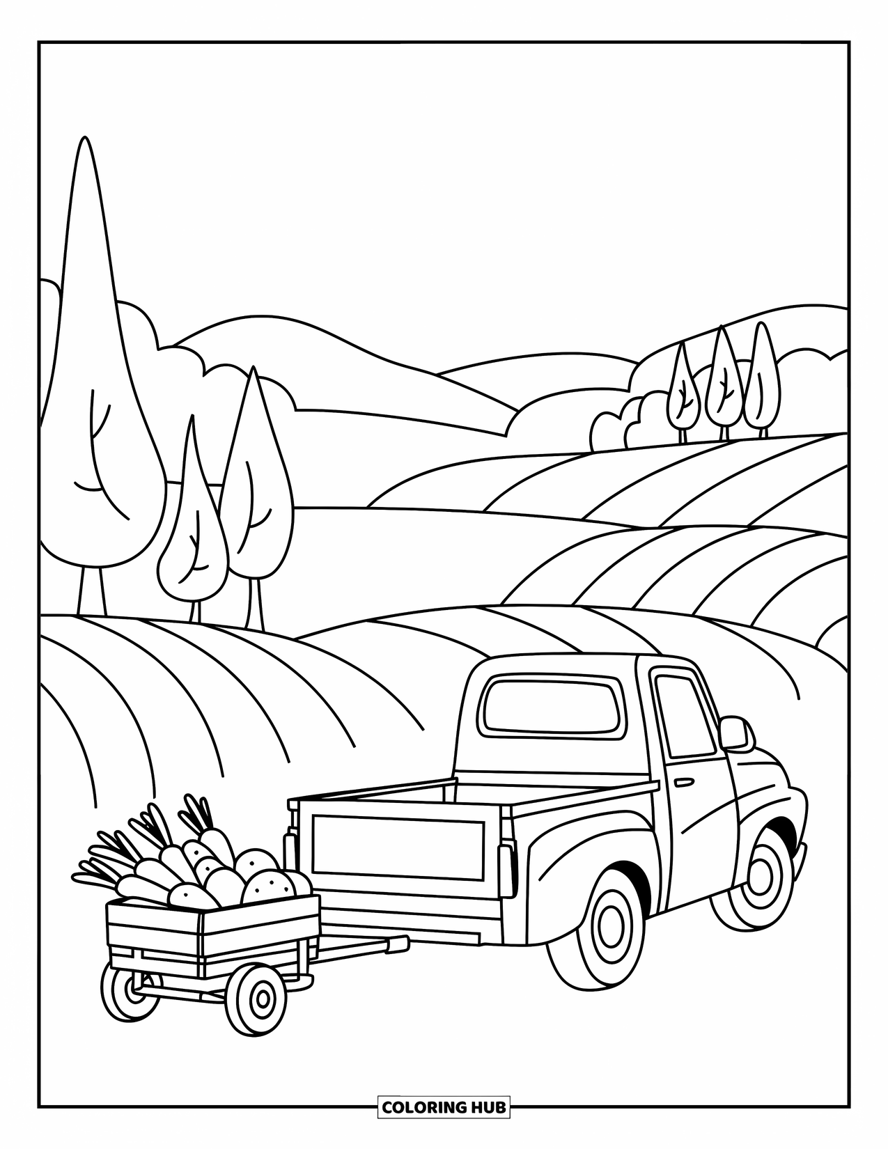 Pickup Truck Coloring Page for Kids: A truck tows a wagon full of vegetables through a gentle hill-filled countryside