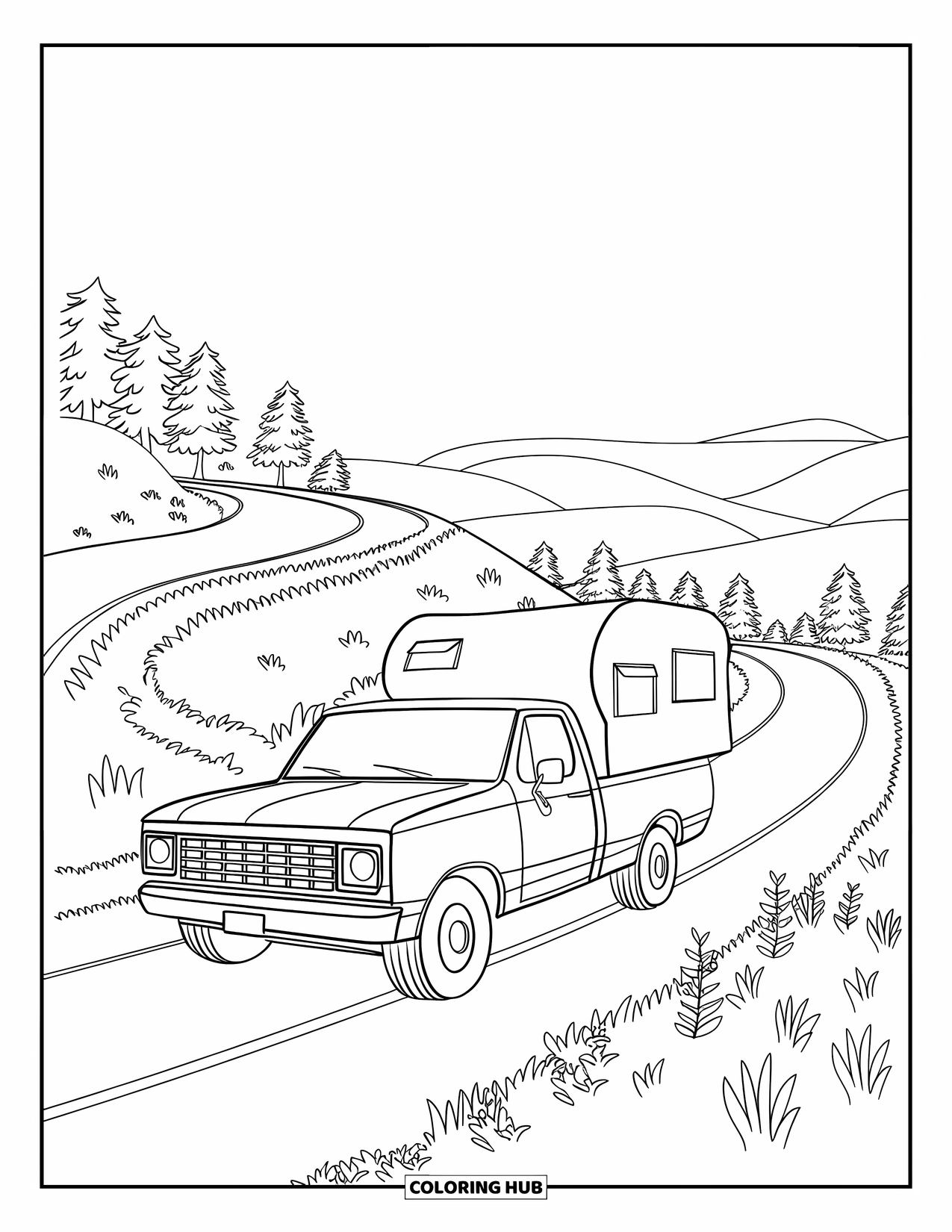 Pickup Truck Coloring Page for Kids: A truck with a camper drives a winding road surrounded by rolling green hills