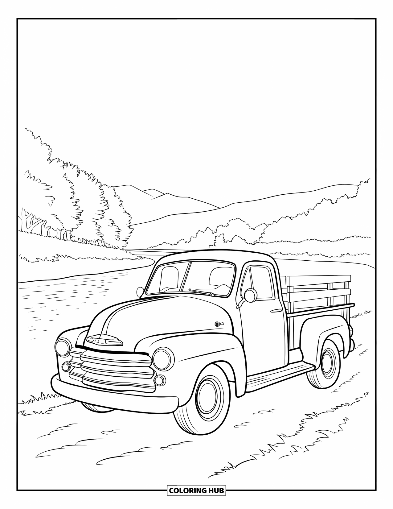 Pickup Truck Coloring Page for Kids: A vintage truck with a slatted bed is parked quietly beside a tree-lined riverbank