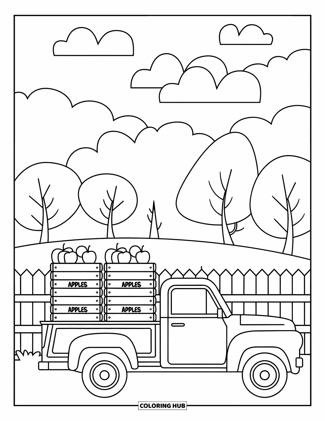 Pickup Truck Coloring Page for Kids: An apple-filled truck rests beside a wooden fence with fluffy clouds overhead
