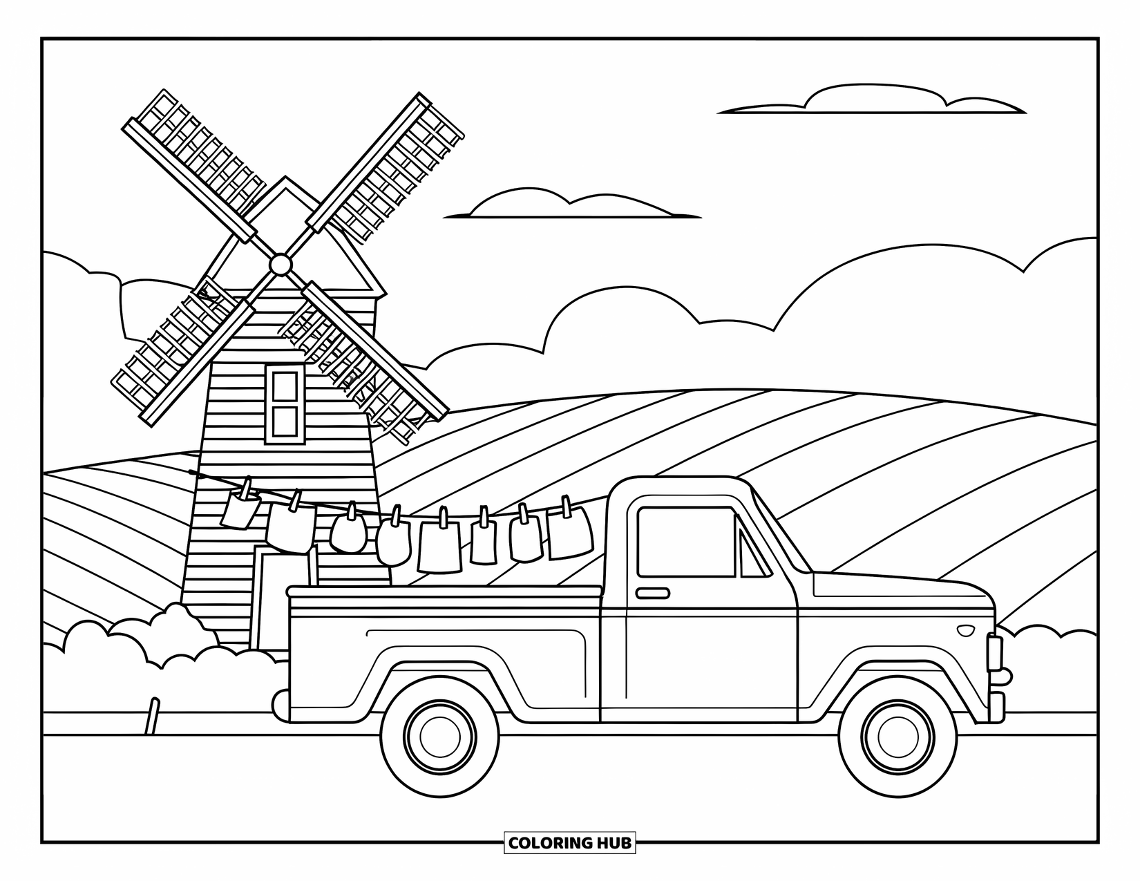 Pickup Truck Coloring Page for Kids: Laundry flutters near a truck and windmill in a peaceful hillside scene