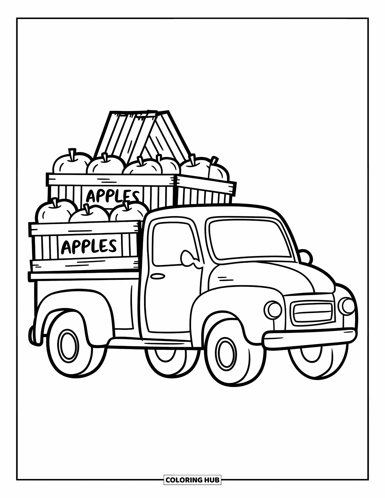 Pickup Truck Coloring Page for Kids: Wooden apple crates fill a truck parked in a calm open space