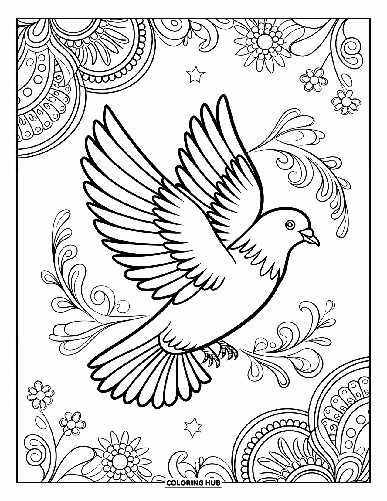 Tauben-Ausmalbild für Erwachsene: Eine Taube fliegt durch wirbelnde Blumenmuster und feine Mandala-Linien