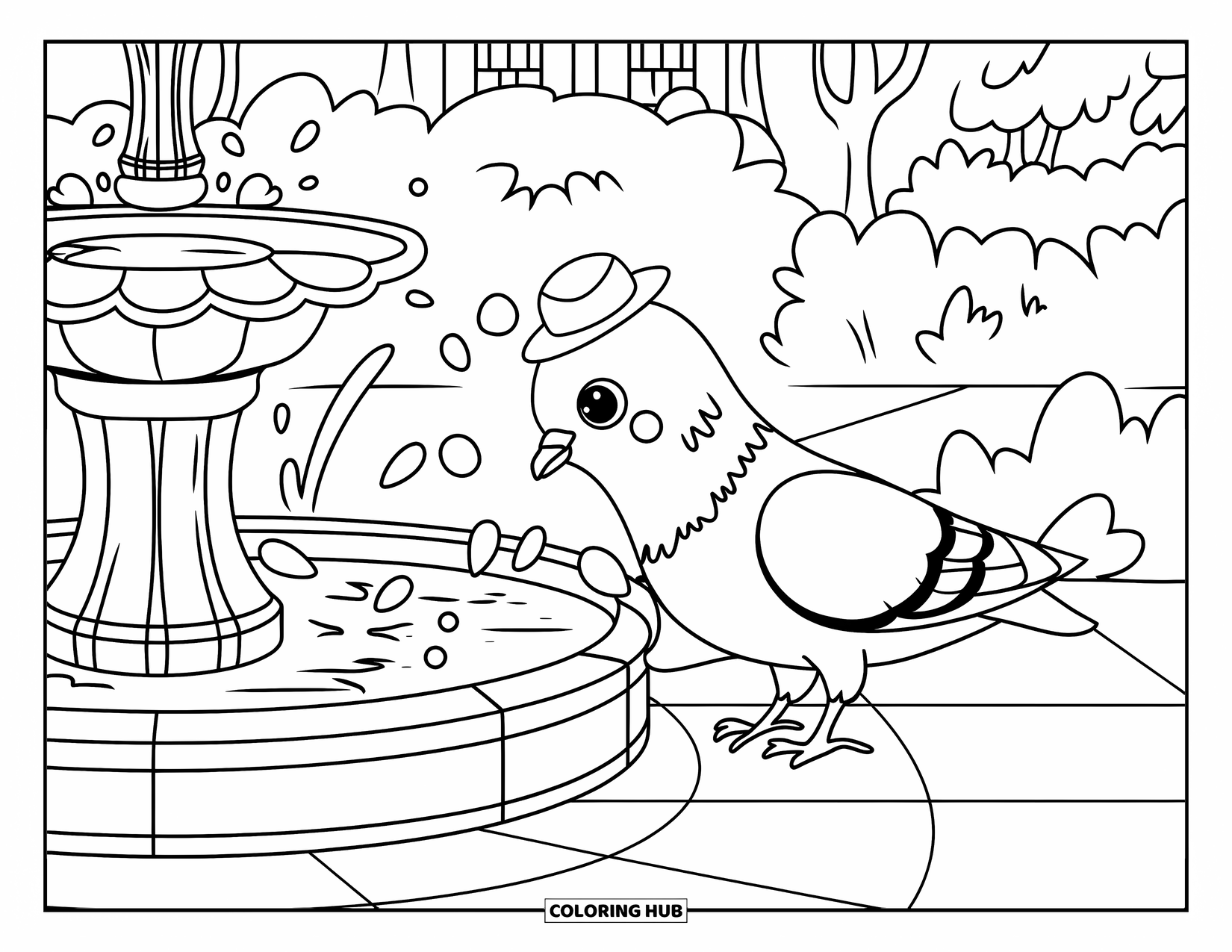 Tauben-Ausmalbild für Kinder: Eine fröhliche Taube mit Hut pickt neben einem sprudelnden Brunnen