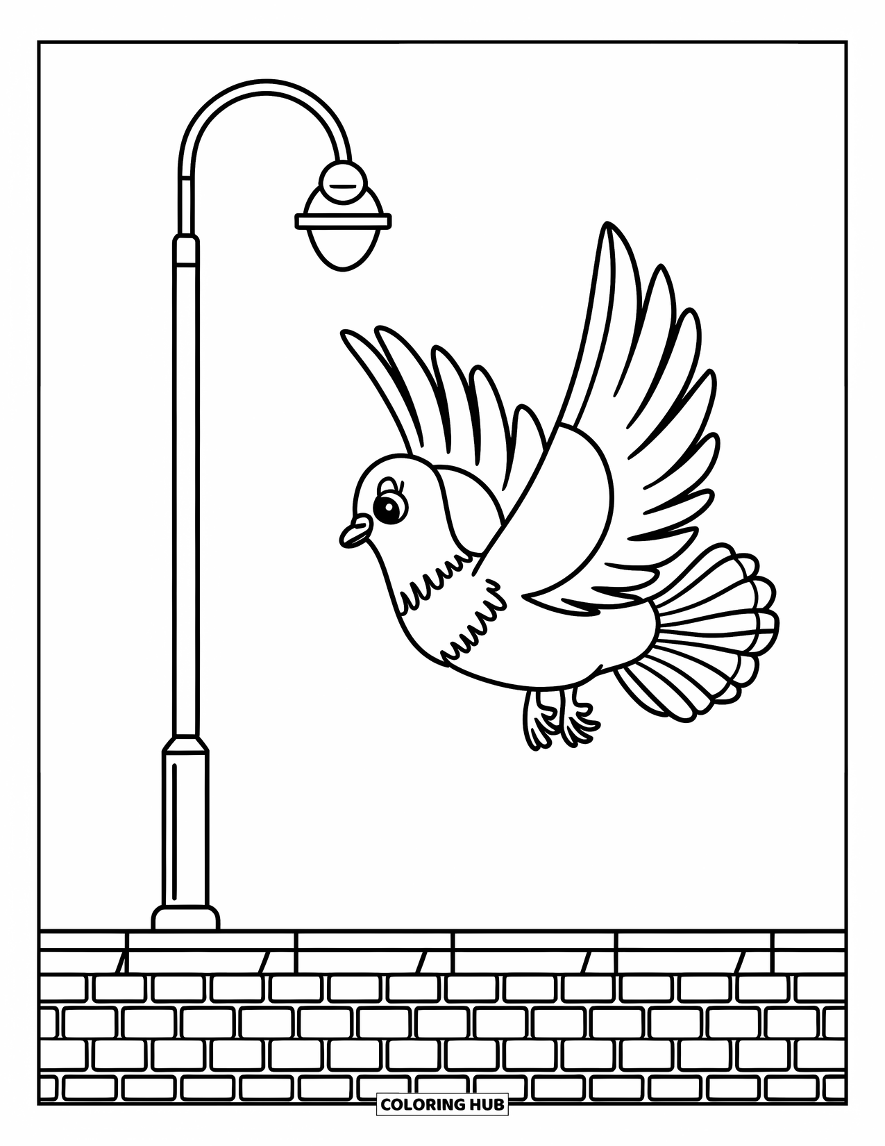 Tauben-Ausmalbild für Kinder: Eine fröhliche Taube mit ausgebreiteten Flügeln fliegt über einen hohen Laternenpfahl